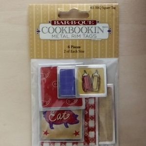 5/$20 BBQ Cookbookin' Square Metal Rim Tags 6Pc